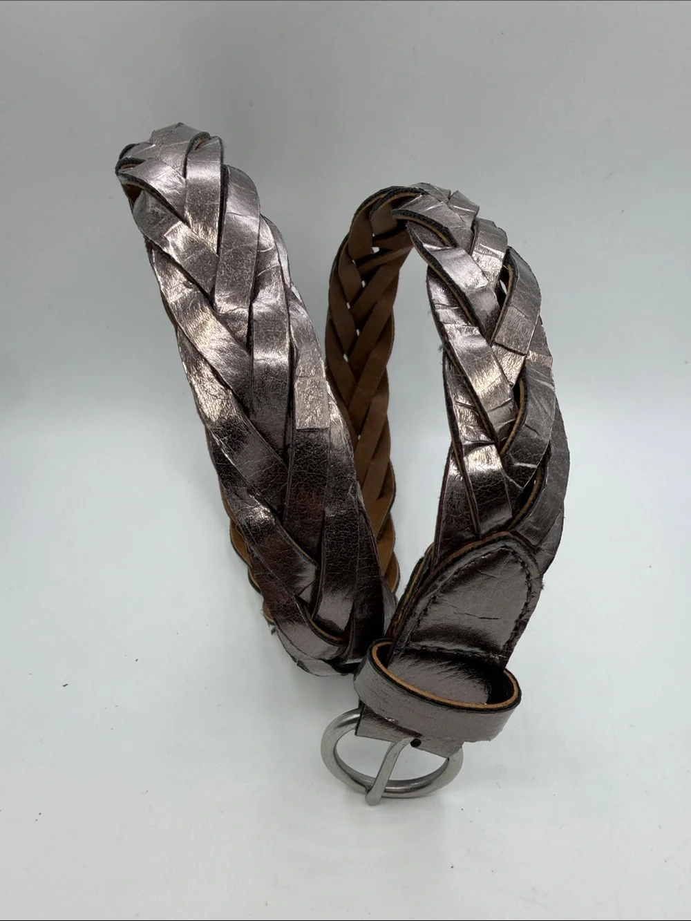 Metallic Pewter Braided Leather Belt | Silver O-Ring Buckle (1
